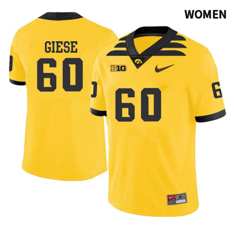 Women's Iowa Hawkeyes NCAA #60 Jacob Giese Yellow Authentic Nike Alumni Stitched College Football Jersey SM34V13YO